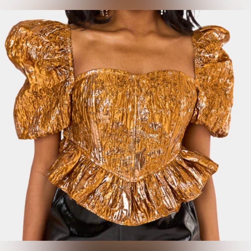 Women’s Bronze Bustier Open Back Cropped Bronze Metallic Puff Sleeve Shirt XL